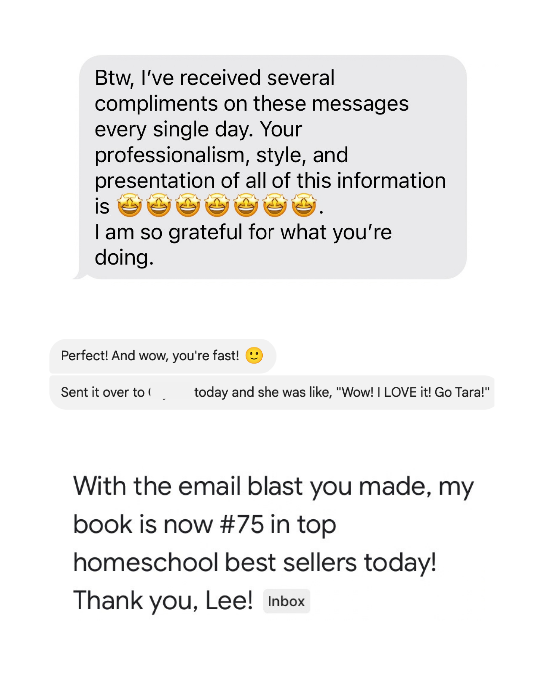 Client messages praising Created Social's professionalism and speed, including an author whose book reached number 75 in top homeschool best sellers after an email campaign